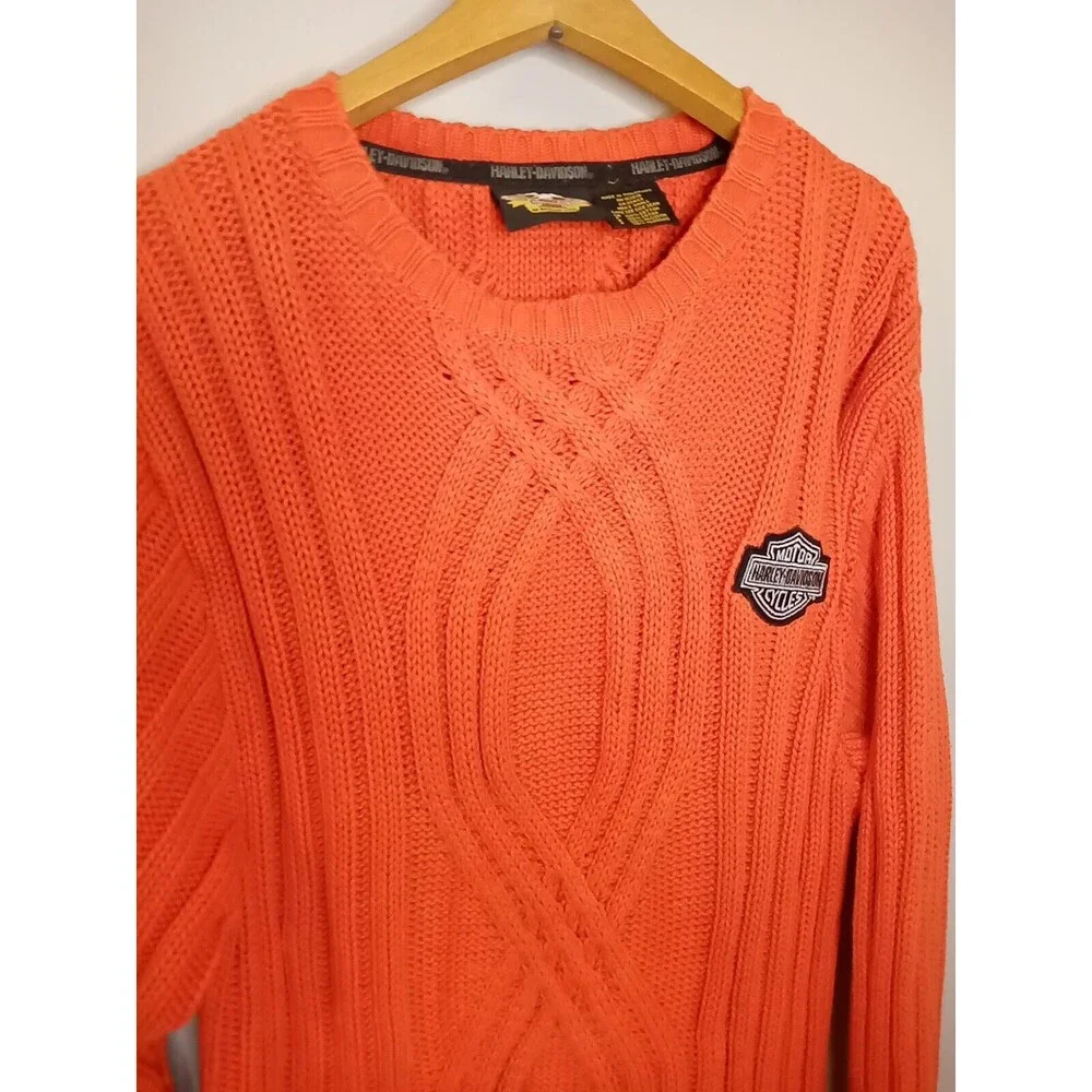 Harley Davidson‎ Pull Over Sweater Mens Heavy Cable Knit Orange Small